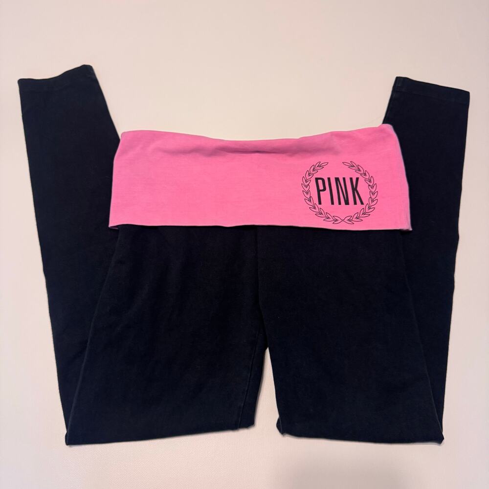 VTG Victoria's Secret PINK Yoga Women's Black and Pink Foldover Leggings Y2K S